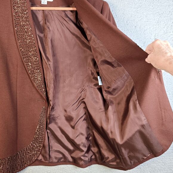 John Meyer Blazer 10 Brown Curved Hem Textured Trim Statement Collar Lined - Picture 14 of 16